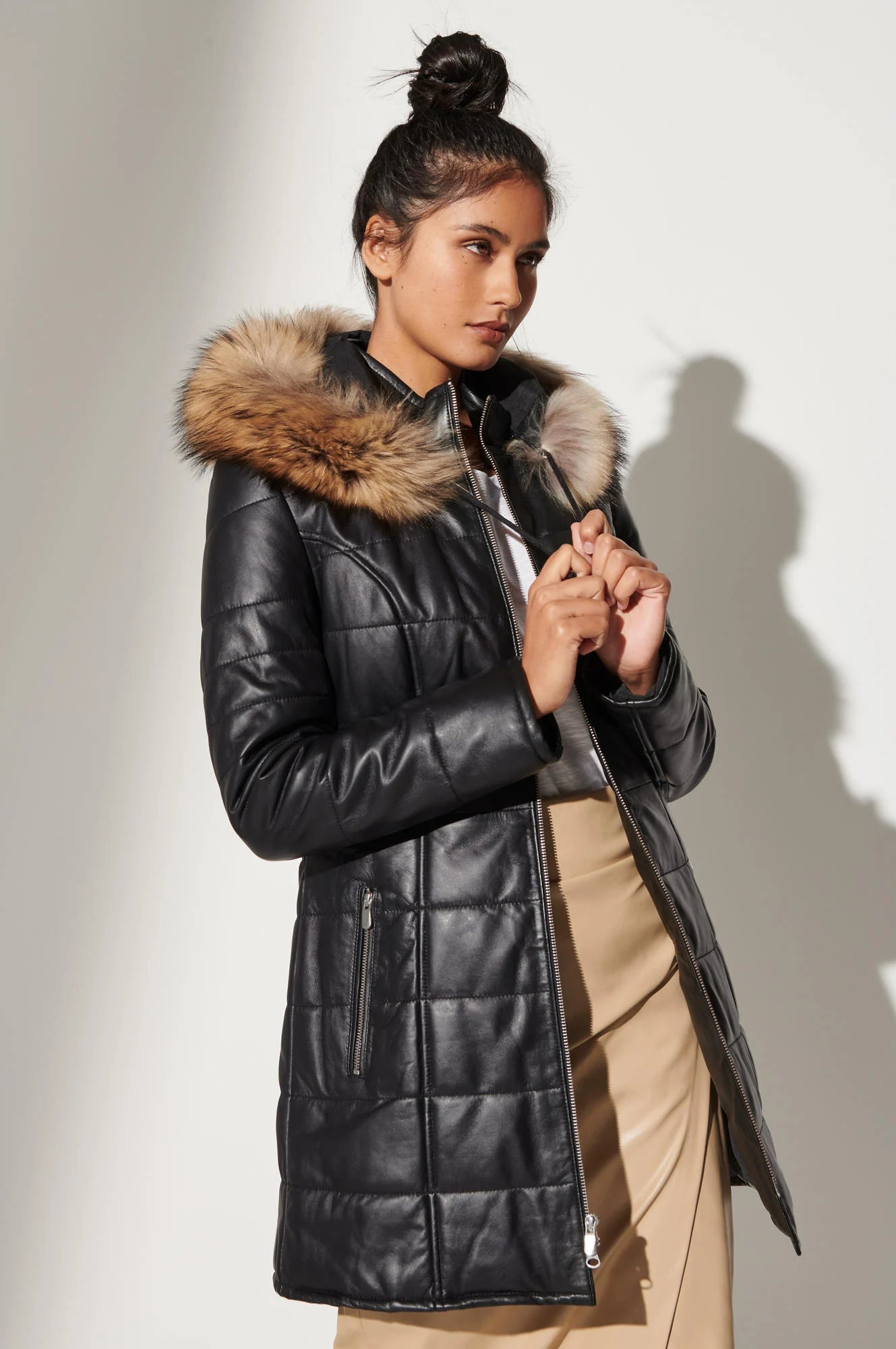 Maria Hooded Leather Coat