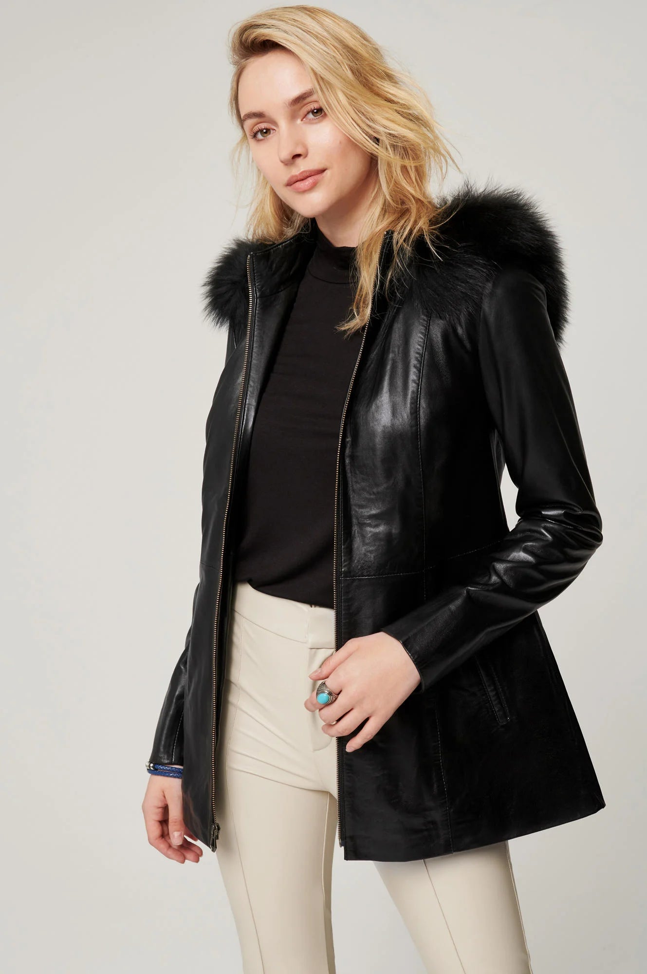 Anna Hooded Leather Coat