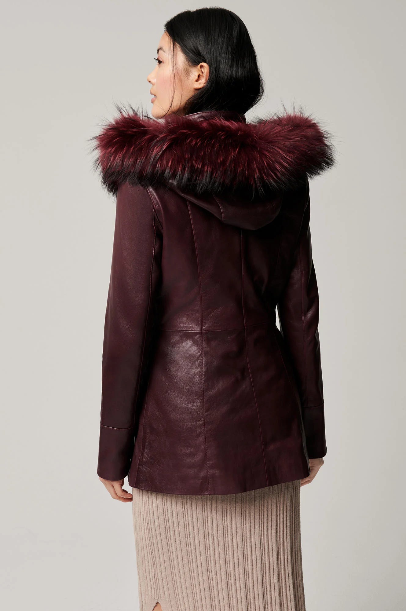 Anna Hooded Bordeaux Leather Coat