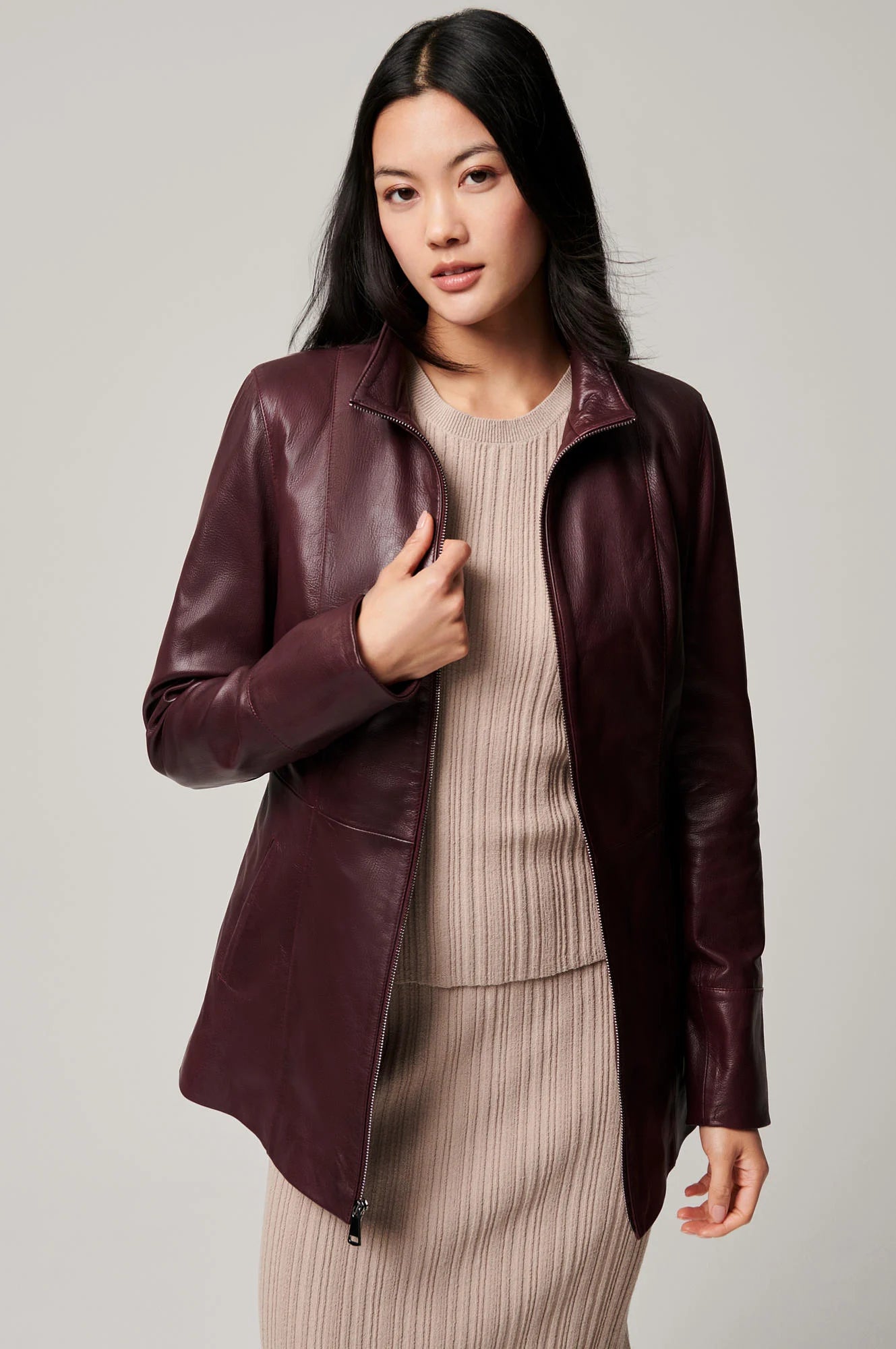 Anna Hooded Bordeaux Leather Coat