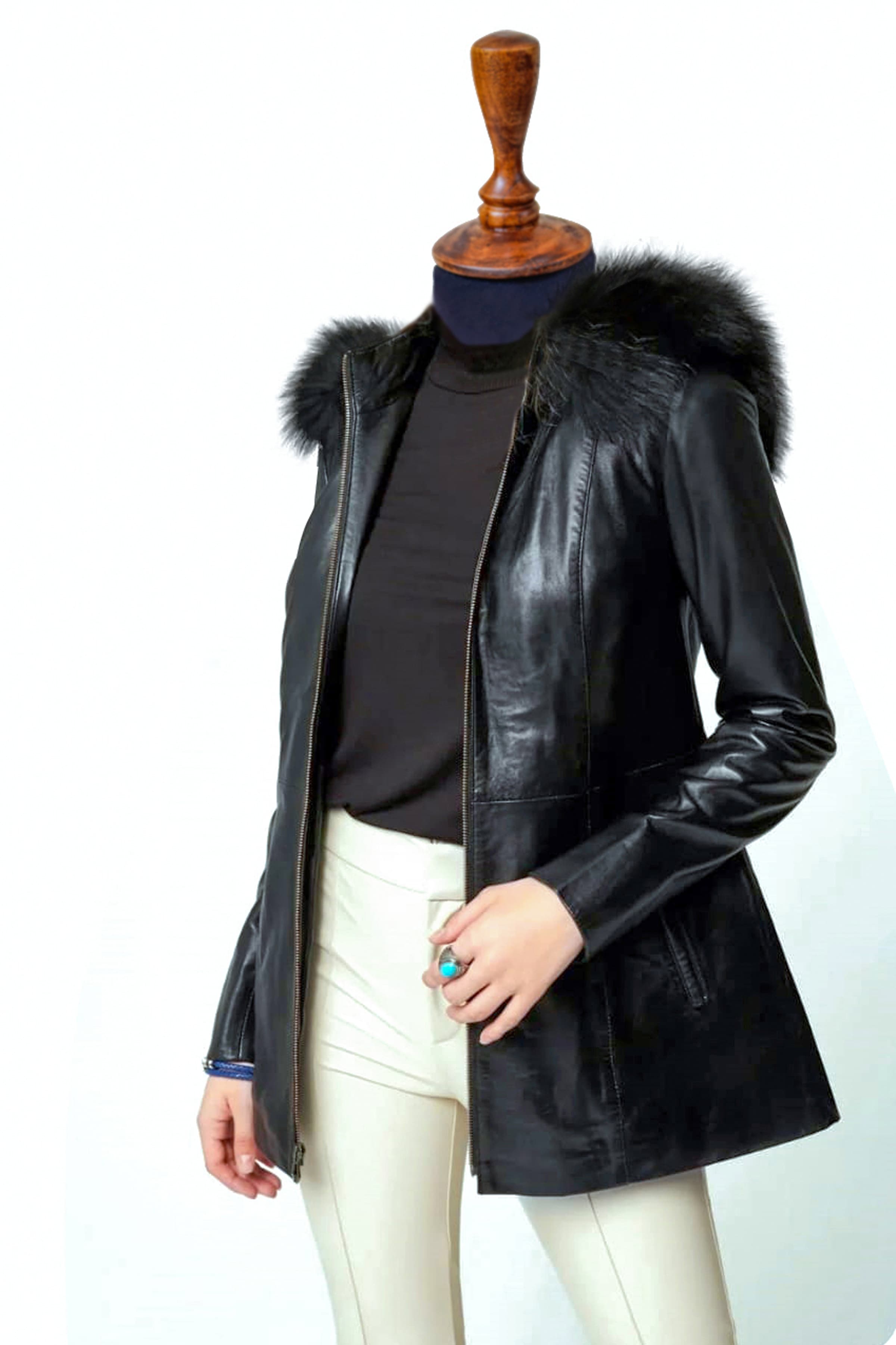 Anna Hooded Leather Coat